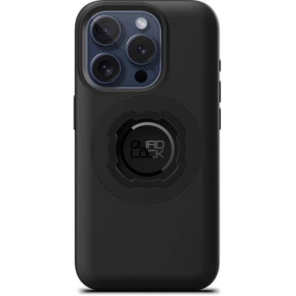 Quad Lock Phone MAG Case with dual-stage lock for secure magnetic mounting, designed for iPhone 15 in black.