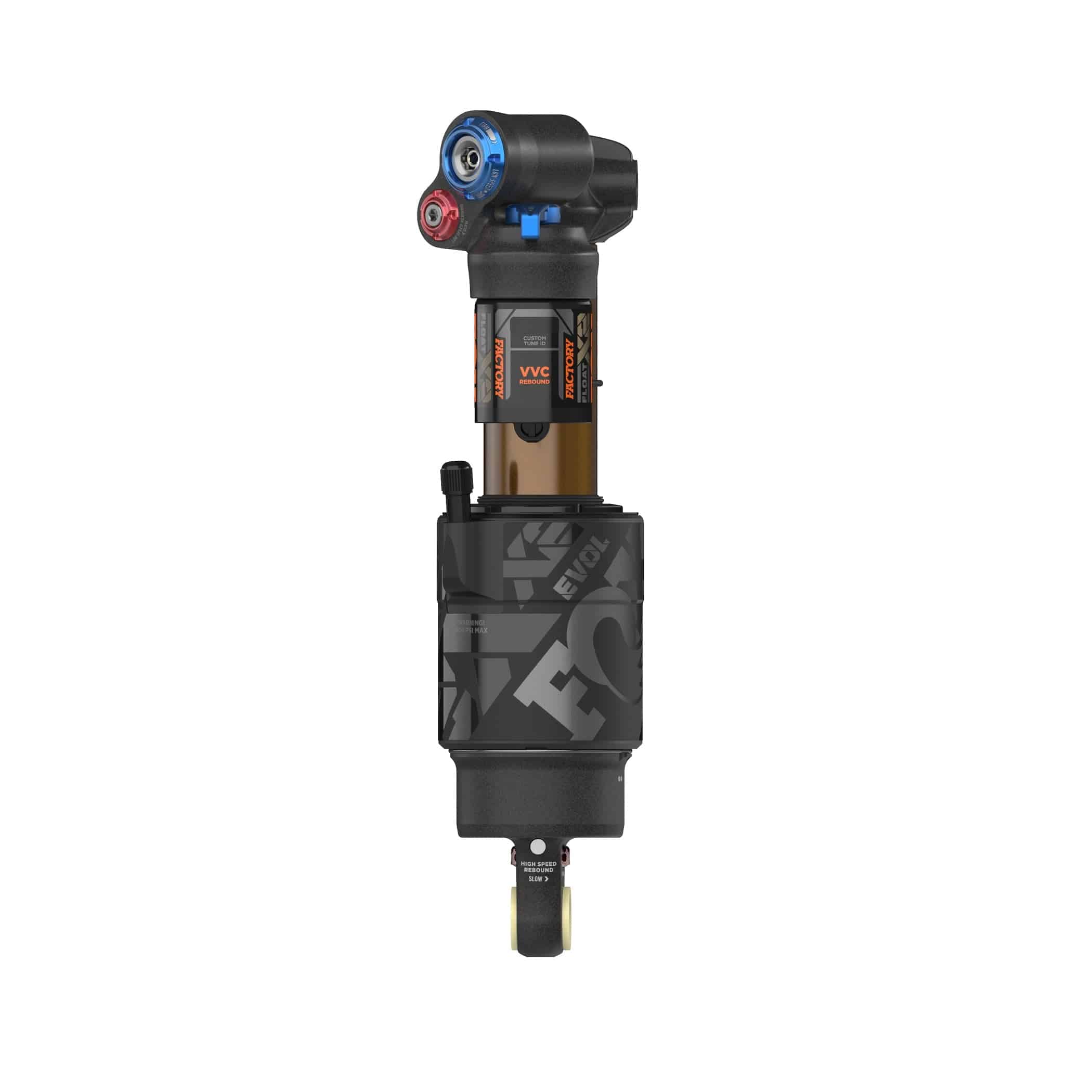 Fox Float X2 Factory rear mountain bike shock with 2-position adjustable damping, showcasing its black and metallic components.