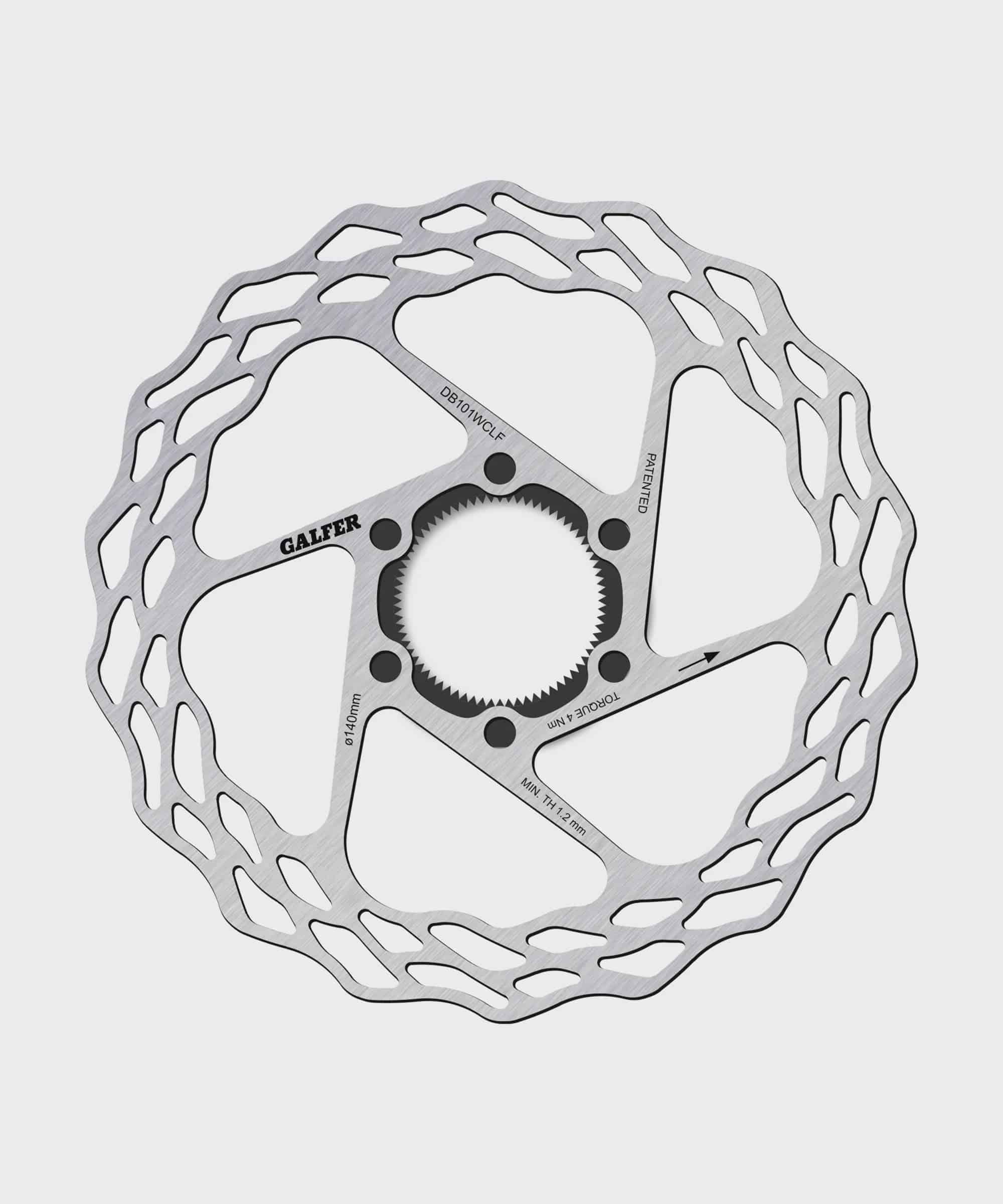 Galfer Wave Road disc rotor with 6-bolt mount for road, gravel, and cyclocross bikes, showcasing the rotor's wave design and mounting holes.