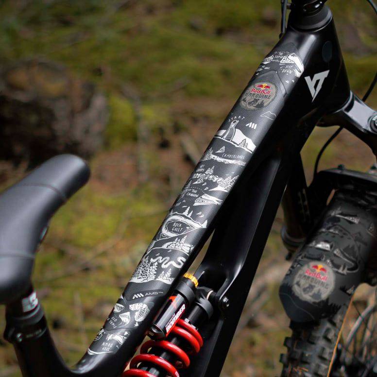 All Mountain Style Red Bull Hardline Protection Kit with frame guard and stickers for mountain bike accessories.