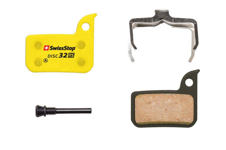 SwissStop Disc 32 brake pads for SRAM Road G1 Red eTap AXS, Force, Rival Yellow disc brake system, close-up view