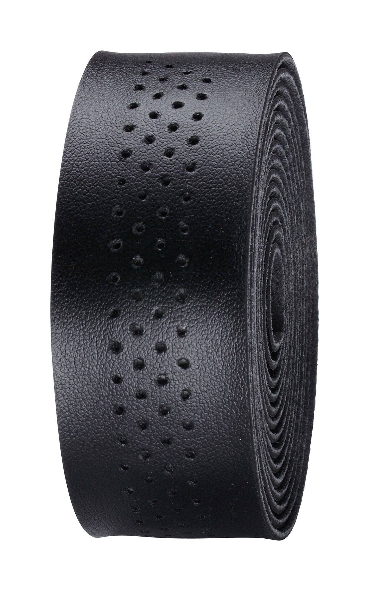 BBB BHT-12 SpeedRibbon black microfiber handlebar tape with waterproof adhesive, shown wrapped around a bike handlebar.