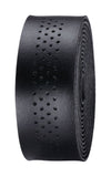 BBB BHT-12 SpeedRibbon black microfiber handlebar tape with waterproof adhesive, shown wrapped around a bike handlebar.