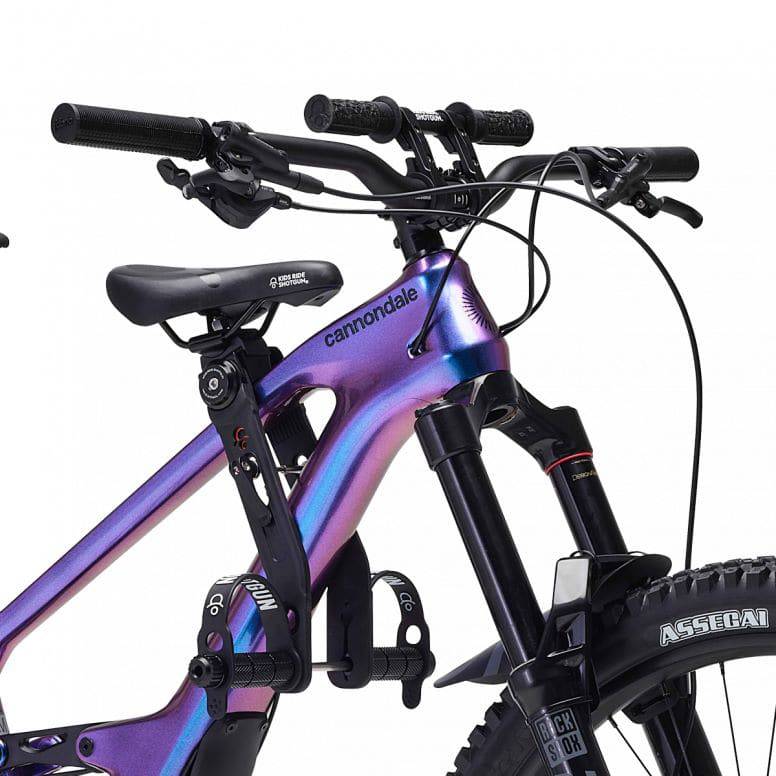 Kids Ride Shotgun 2.0 black child bike seat with handlebars, designed for kids' riding safety and comfort.