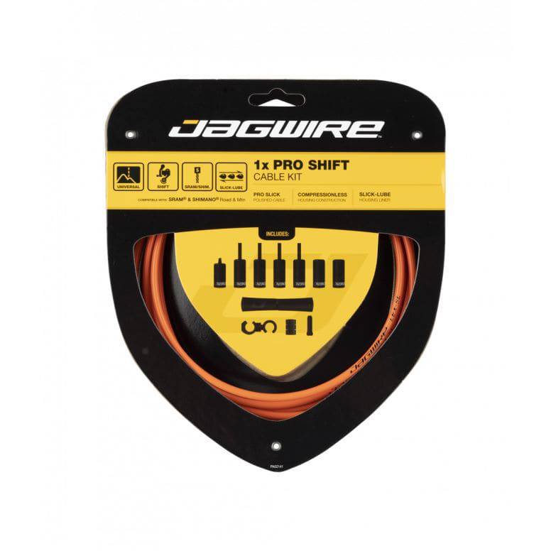 Jagwire Pro Shift Kit 1X cables for rear derailleurs and internal gears on road and MTB bikes, featuring high-quality bike components.