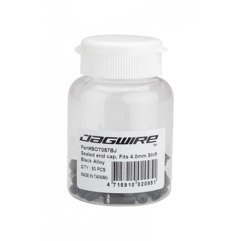 Black Jagwire sealed alloy end caps for 4mm shift cables, shown in a 50-pack, designed to secure and protect bicycle gear cables.