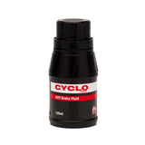 Cyclo Tools Cyclo Dot Brake Fluid for hydraulic brake systems, showing a workshop setting with bottles of brake fluid.