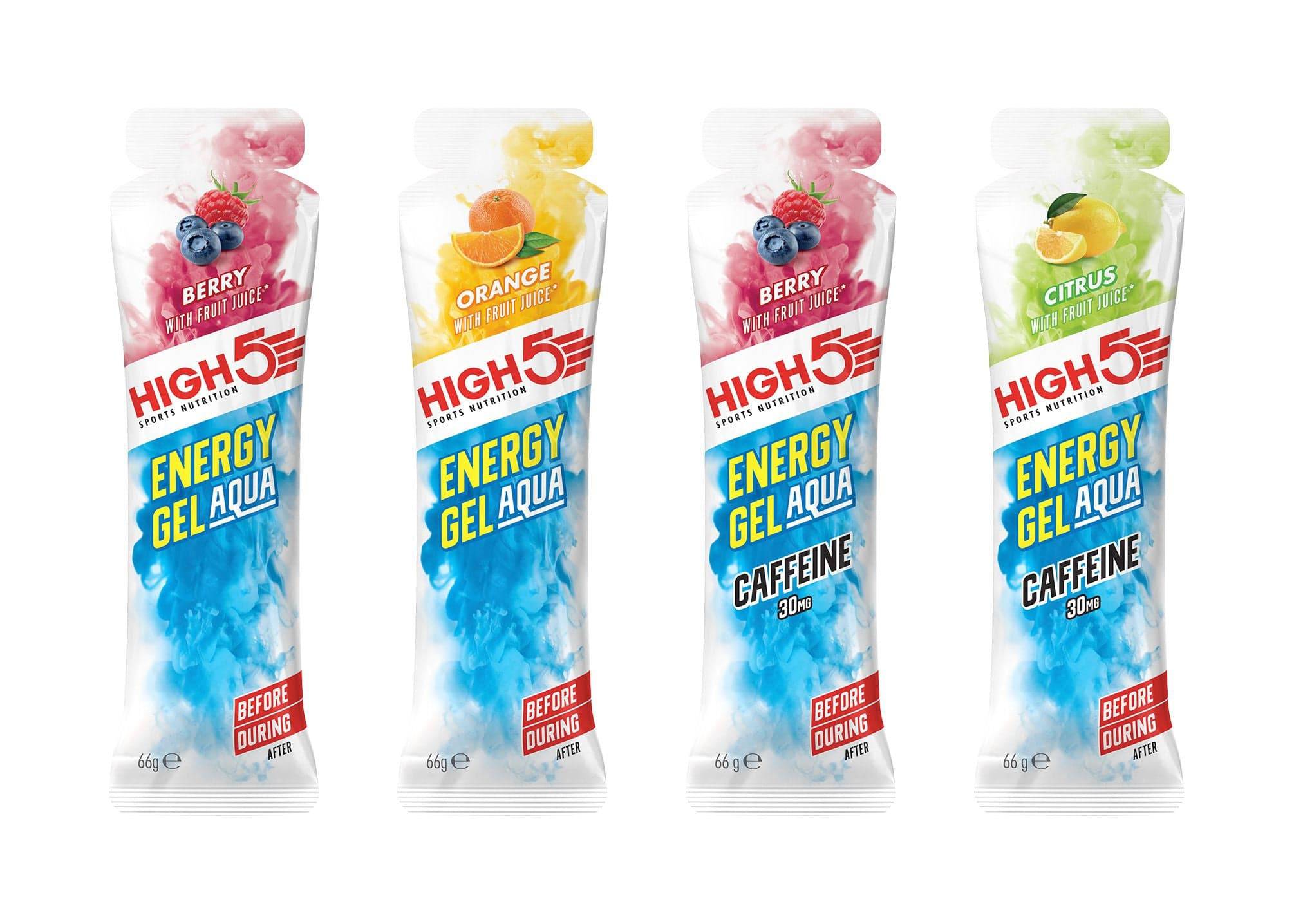 High5 Energy Gel Aqua Mixed Flavour Pack with Caffeine, 15 sachets of 66g each, for quick energy boost during sports or workouts.