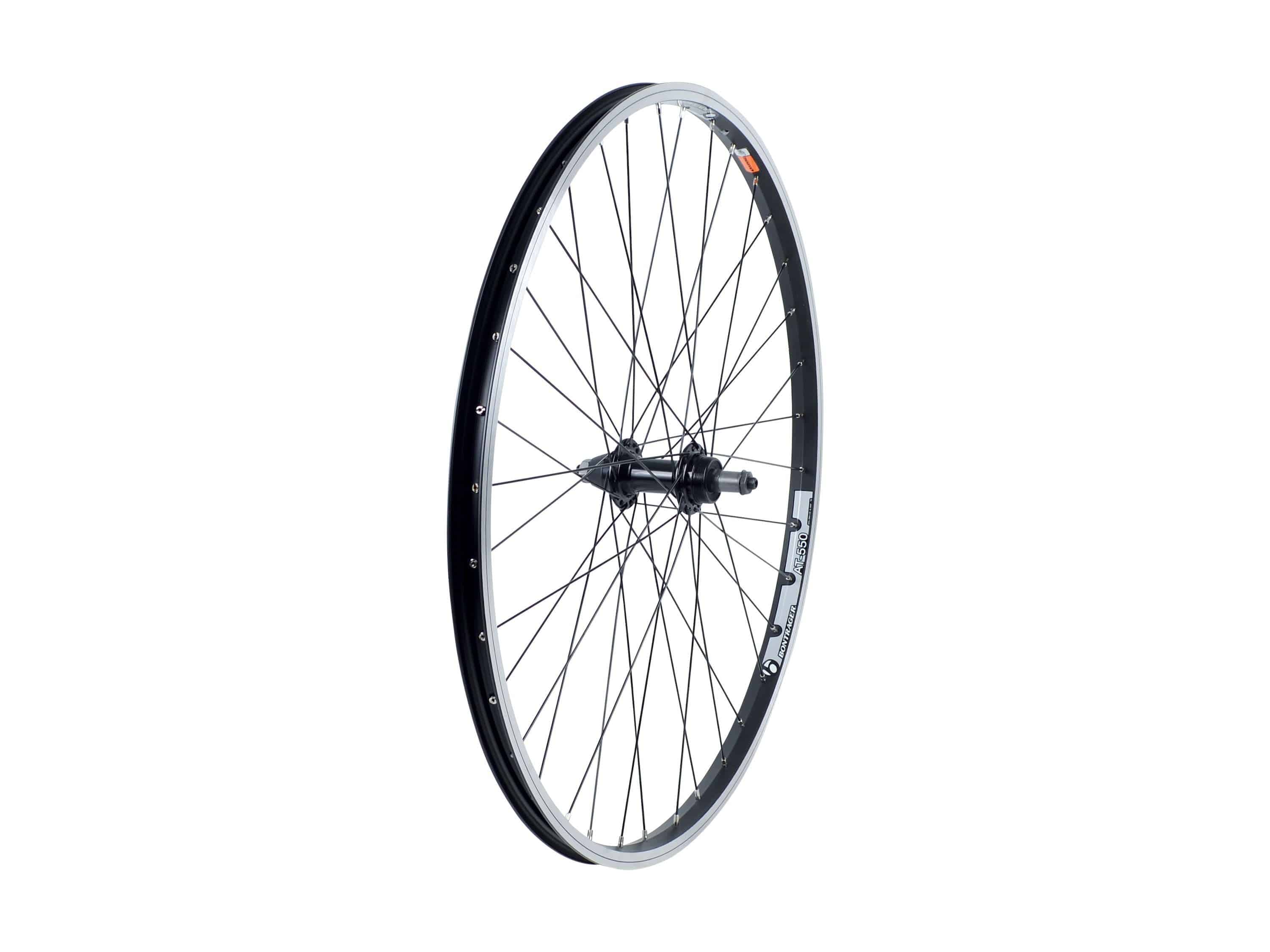Bontrager AT550/FM21 26-inch rim brake wheel with 36 spokes, compatible with Shimano SRAM 8-10 speed mountain bike components.