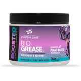 Finish Line BOOSTEDT BioGrease plant-based lubricant for suspension and bearings, shown in a workshop setting.