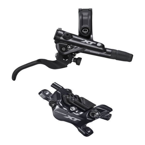 Shimano Deore XT hydraulic 4-pot disc brake lever and post mount caliper for mountain bike components.