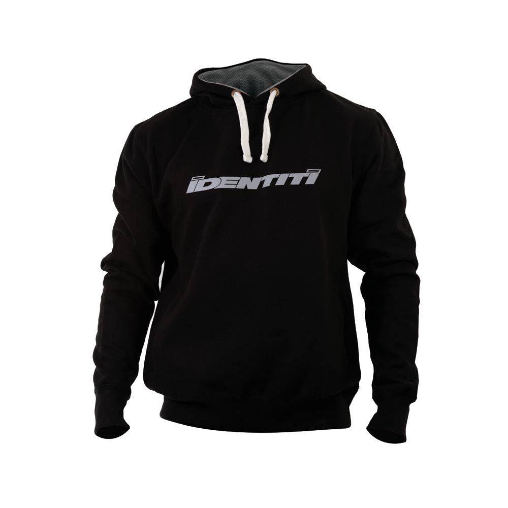 Unisex Identiti F-print Logo hoodie with pockets, hood, and headphone cord feed, made of comfortable clothing material.