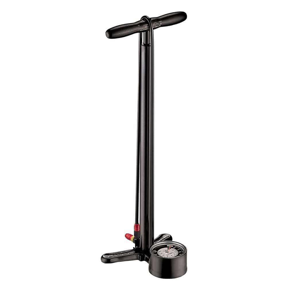 Lezyne Classic Floor Drive bike pump with oversized gauge in black, showing the pump's sturdy construction and large pressure display.