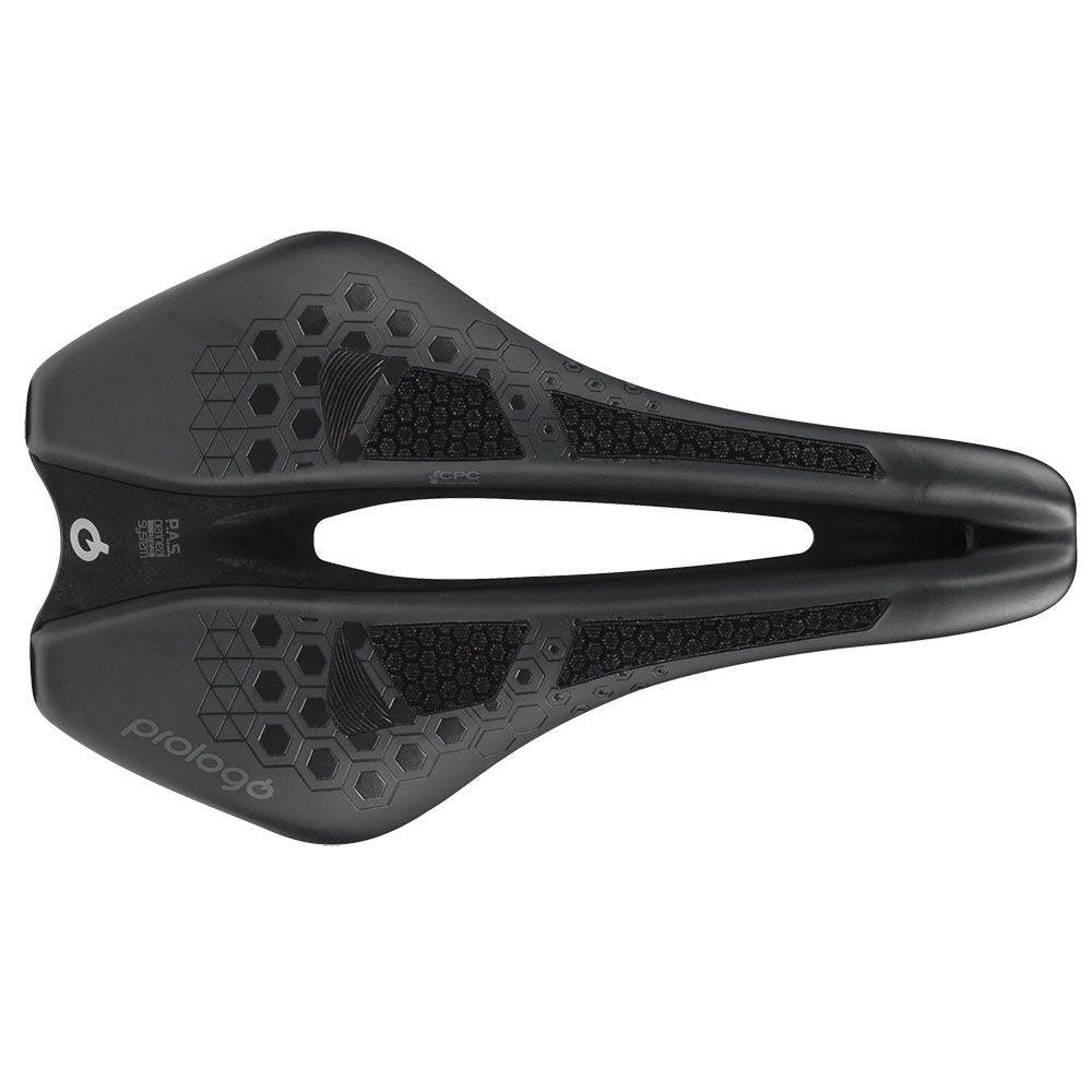 Prologo Dimension Tri CPC 143 TiroX saddle for triathlon and endurance cycling, shown mounted on a bike seat.