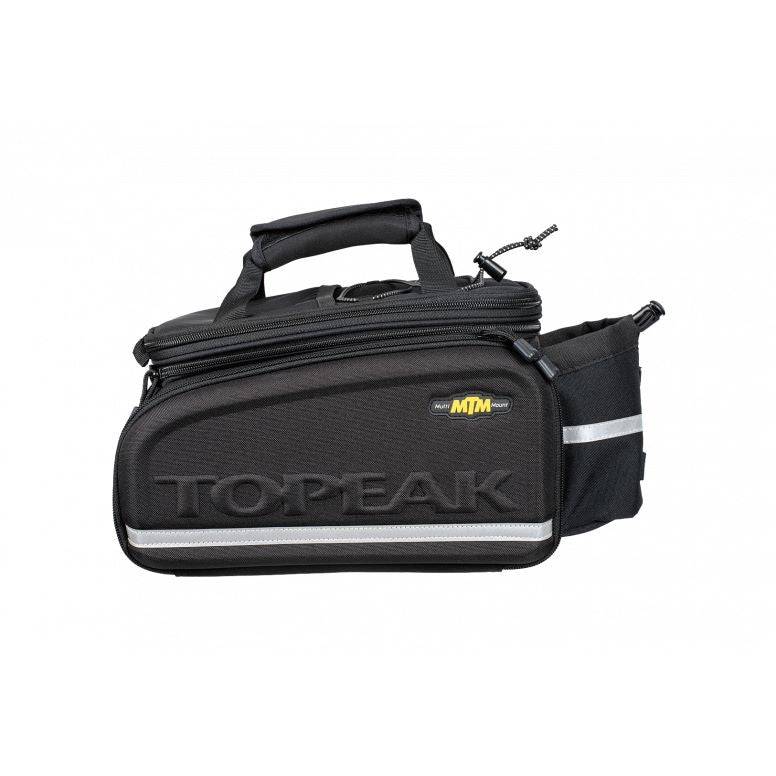 Topeak MTM TrunkBag DXP black bike rack bag with water bottle holder and weather-resistant, expandable design for cycling accessories.