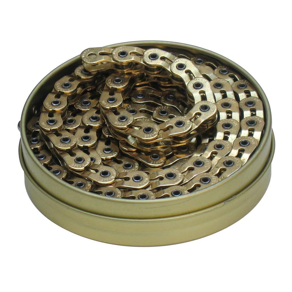 Gusset Components Bling Slink 1/2 x 3/32" single-speed chain with gold finish, close-up of shiny bike chain links.