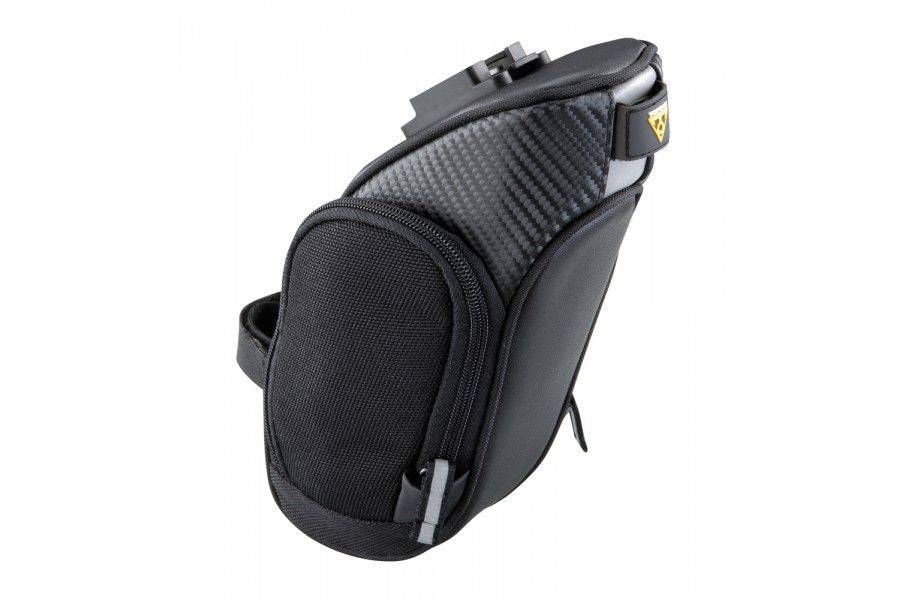 Topeak Mondopack Compact black seat pack with QuickClick™ mounting and reflective strip, designed for bike accessories storage.
