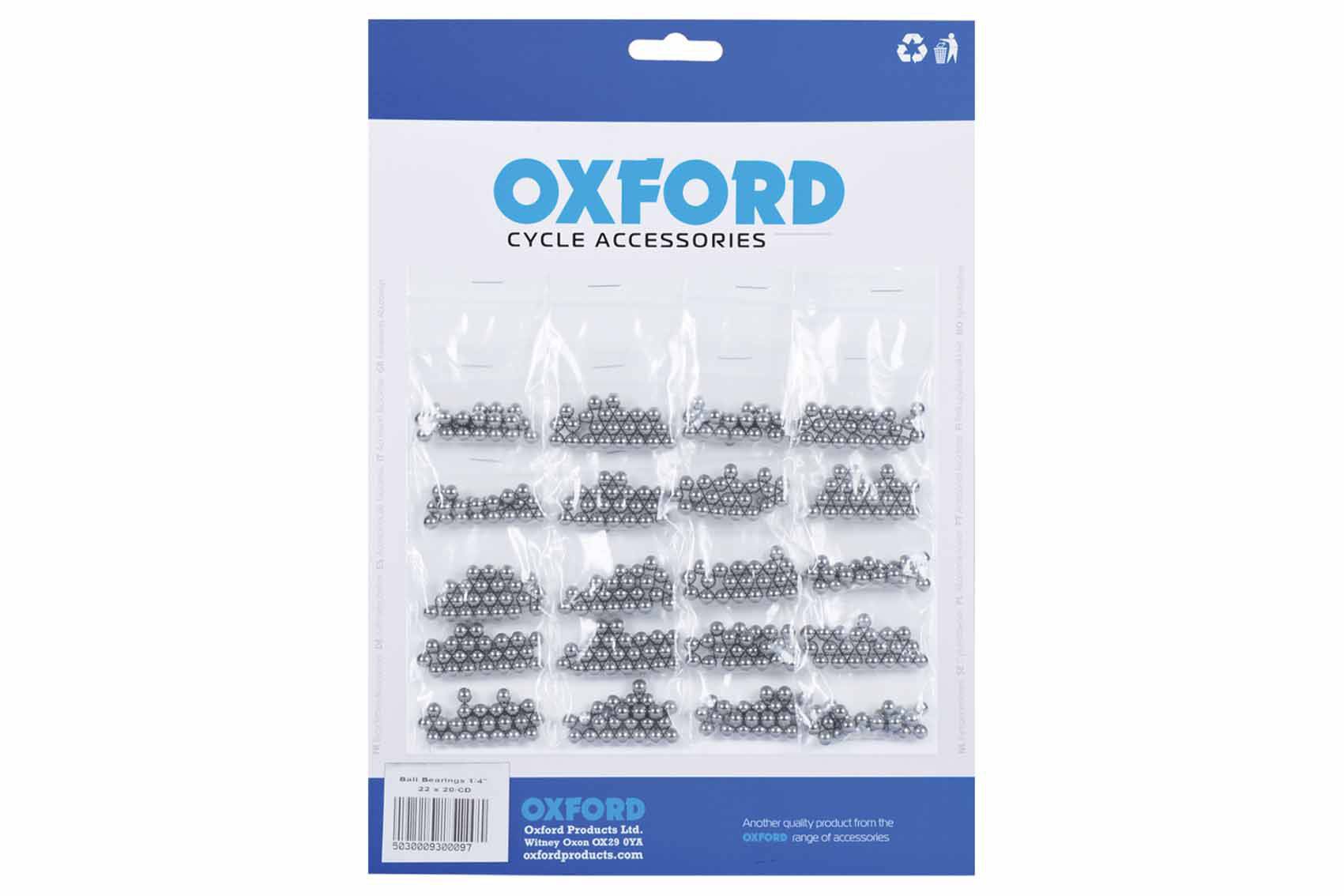 Swinnerton Cycles Oxford 1/8" ball bearings for bicycle headset, 20 packets of 65 bearings each, shown in a close-up image.