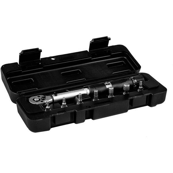 M Part torque wrench with sockets for bike maintenance, showing the adjustable wrench and attached sockets on a workshop bench.