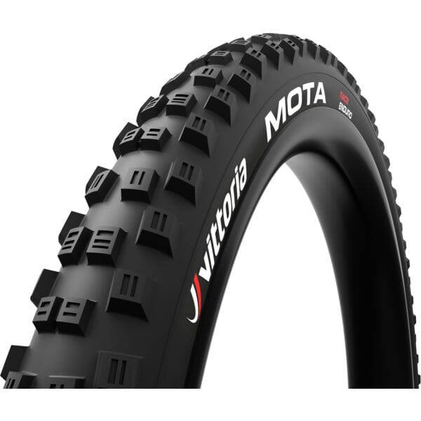 Vittoria Mota Race MTB tyre with Graphene and Silica for enhanced grip and durability, shown mounted on a mountain bike wheel.