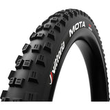 Vittoria Mota Race MTB tyre with Graphene and Silica for enhanced grip and durability, shown mounted on a mountain bike wheel.