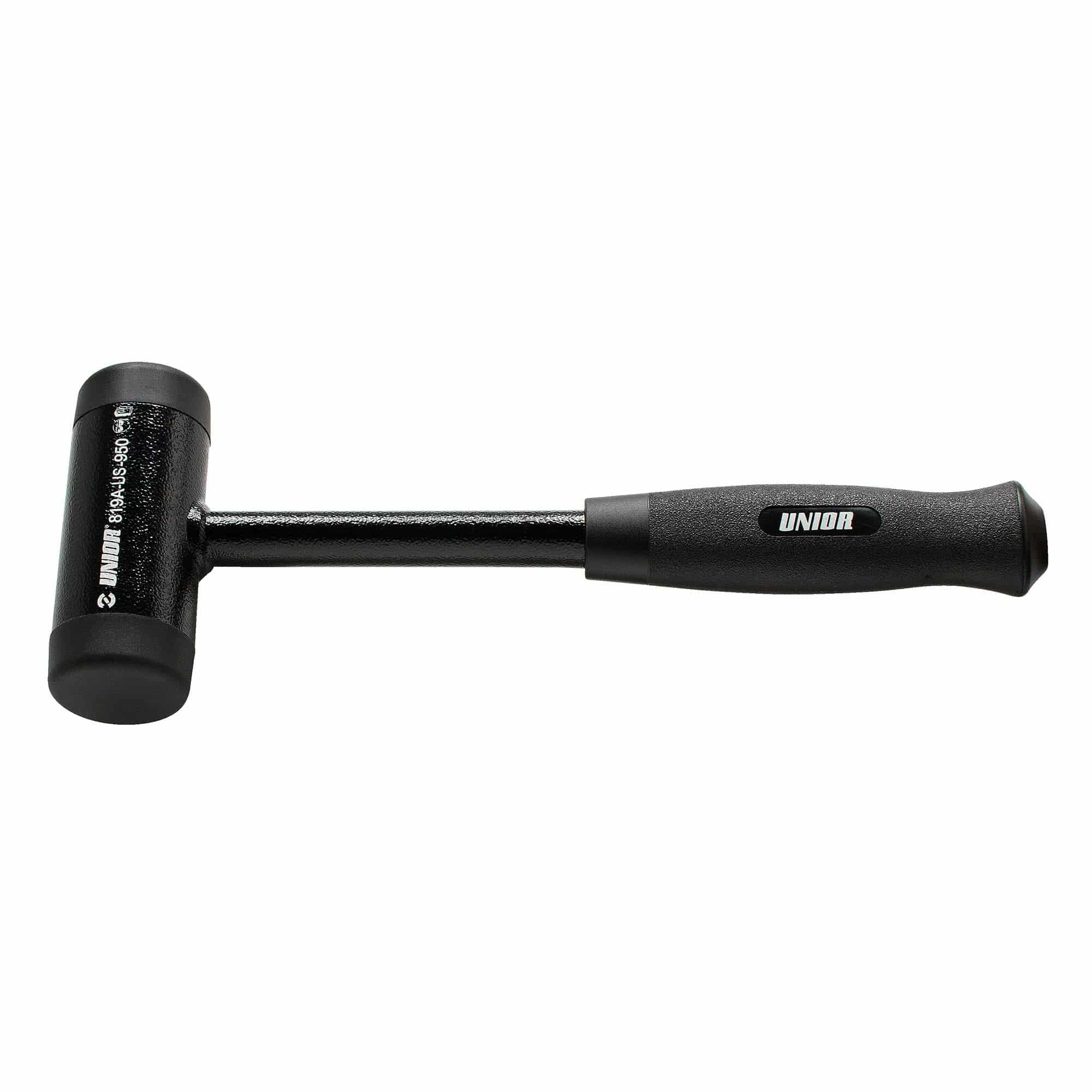 UNIOR Dead Blow Hammer 45mm black impact tool with a durable handle, ideal for precise workshop strikes and heavy-duty work.