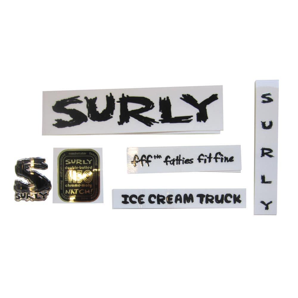 Surly bike frame decal kit with genuine replacement headbadge, includes components for bike customization and branding.