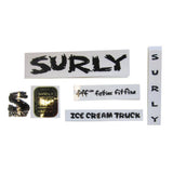 Surly bike frame decal kit with genuine replacement headbadge, includes components for bike customization and branding.