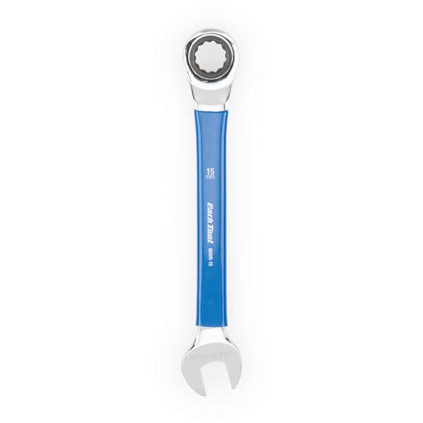 Park Tool MWR-15 15mm ratcheting metric wrench with two-way ratchet ends, used in workshop for bike maintenance.