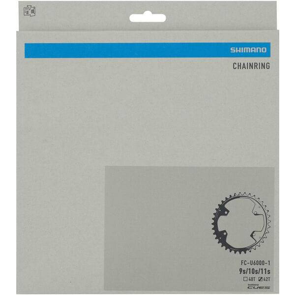 Shimano CUES FC-U6000-1 42T single chainring for 11, 10, 9-speed bike drivetrains, close-up of black component with teeth.