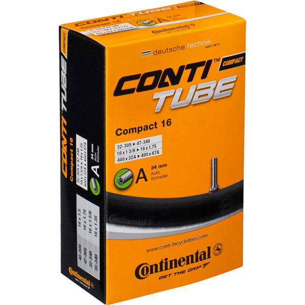 Black Continental Compact Schrader Valve for 10-12 inch wheels, 34mm length, suitable for bicycle tubes and components.