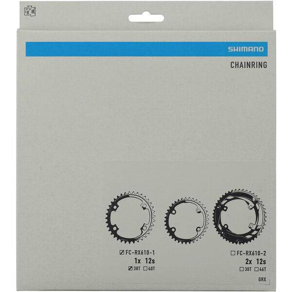 Shimano GRX FC-RX610-1 38T 12-speed gravel bike single chainring with black finish and mounting holes for bicycle drivetrain components.