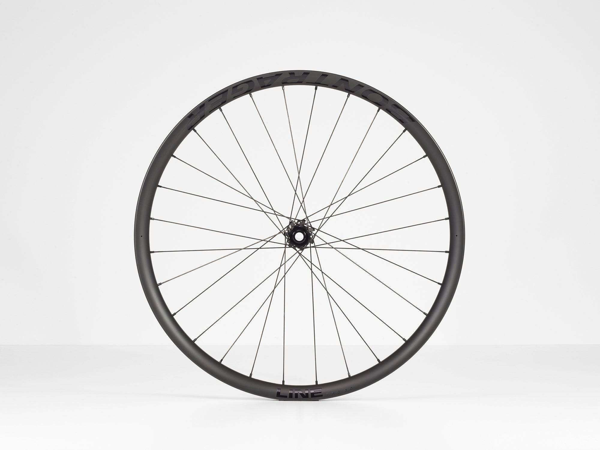 Bontrager Line Pro 30 TLR Boost 27.5-inch mountain bike front wheel in black with no cassette, component for MTB performance.