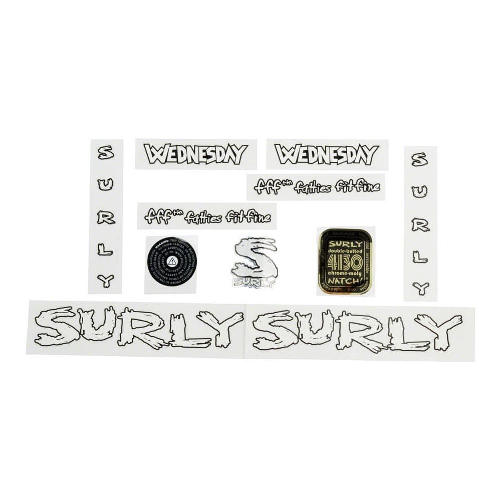 Surly Bikes decals and headbadge kit featuring replacement decals and accessories for bike customization.