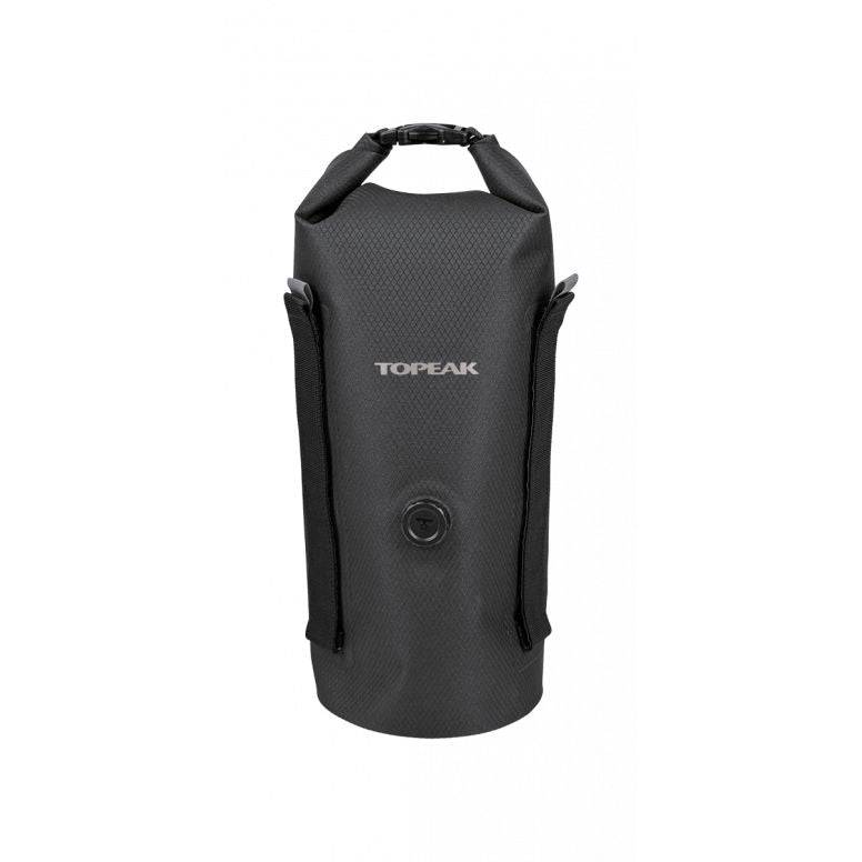 Topeak Fork Drybag 4L weatherproof bikepacking accessory attached to bike fork with Versacage mount in black