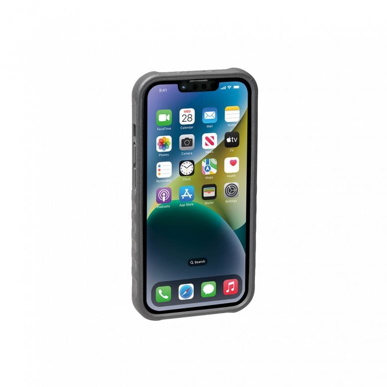 Topeak RideCase black iPhone 14 case with adjustable bike mount and flipstand attached, designed for cycling accessories.