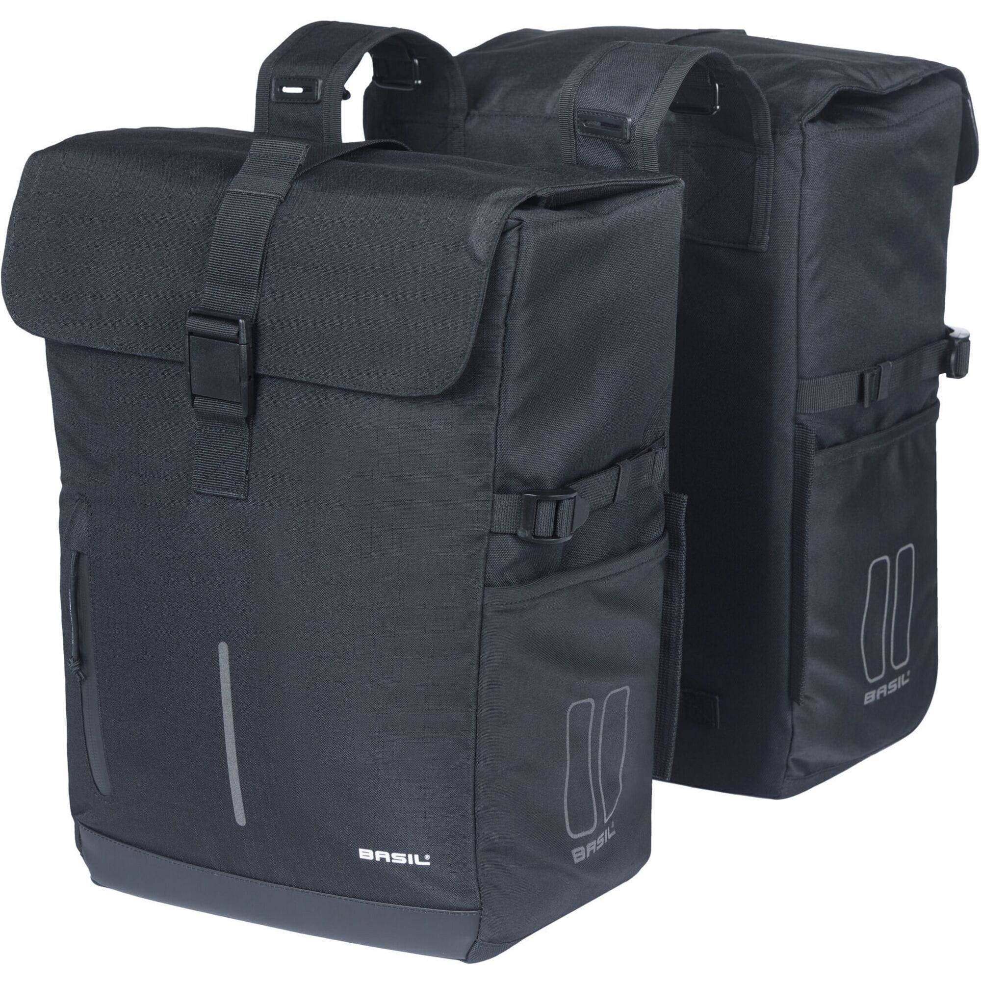 Black Basil Move Double Bicycle Bag with 30L capacity and rain cover, designed for commuting and cycling.