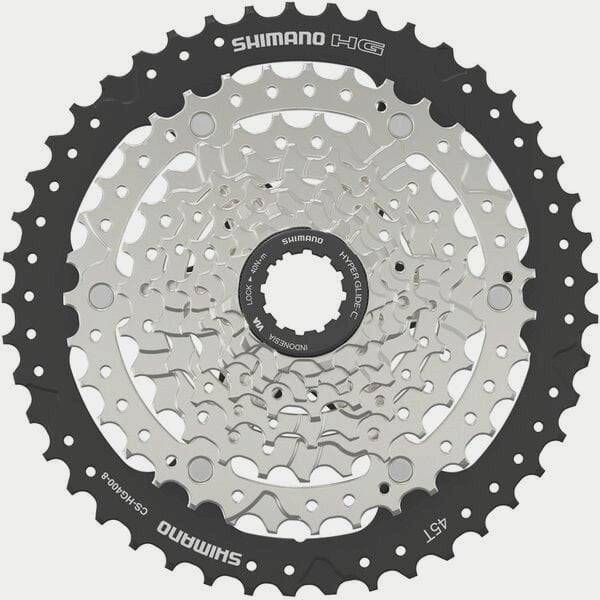Shimano Acera CS-HG400 8-speed bike cassette with 11-45T gears, showing the hyperglide design for smooth shifting.