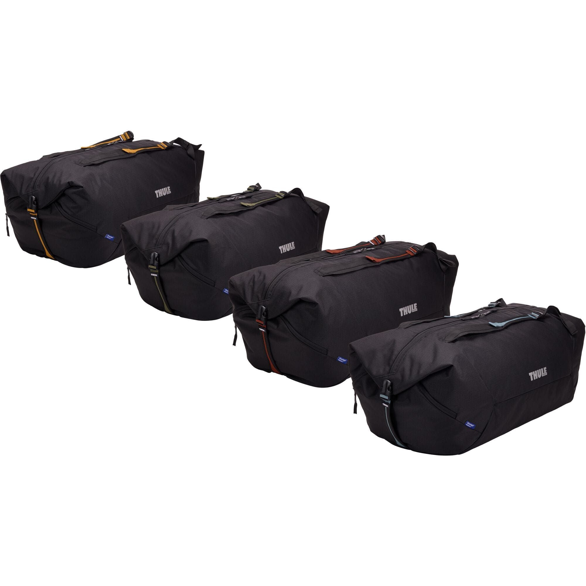 Thule GoPack 4-Pack Duffel Set in black with backpack conversion, designed for travel accessories and versatile storage.