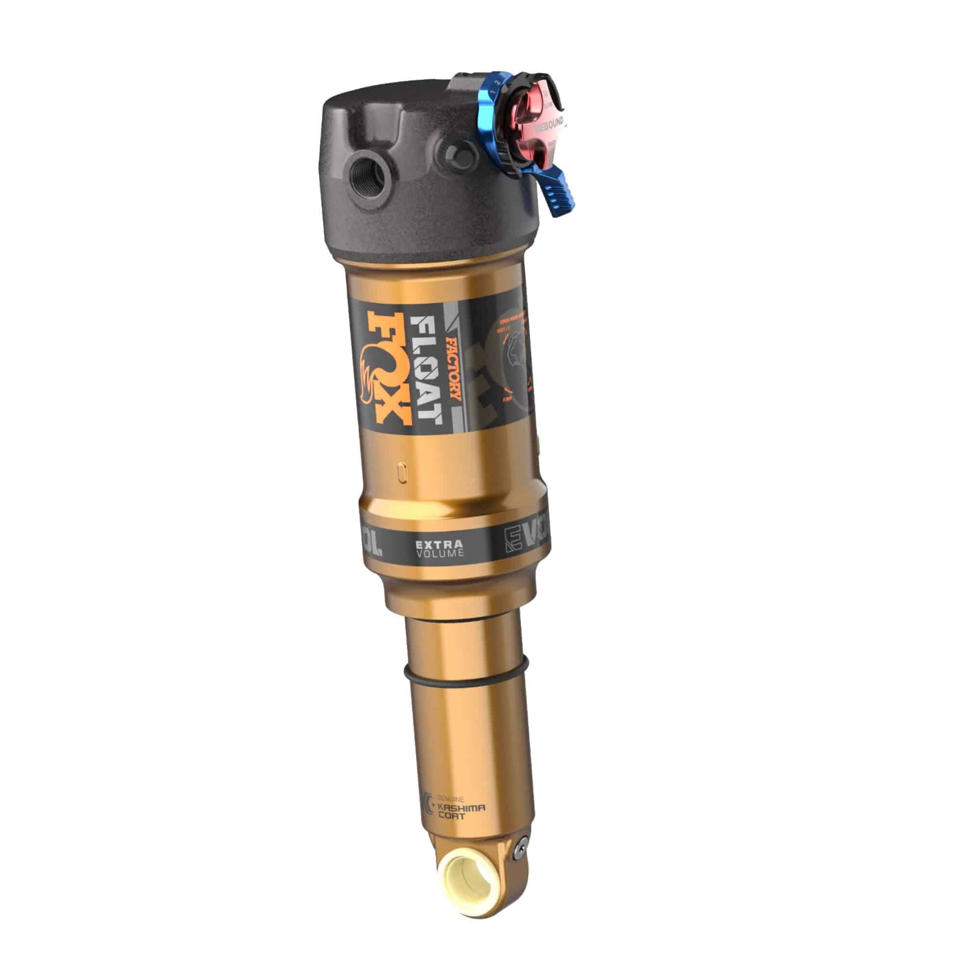 Fox Float Factory rear shock for mountain bikes, showing adjustable settings and sleek design for e-MTBs and mountain biking components.