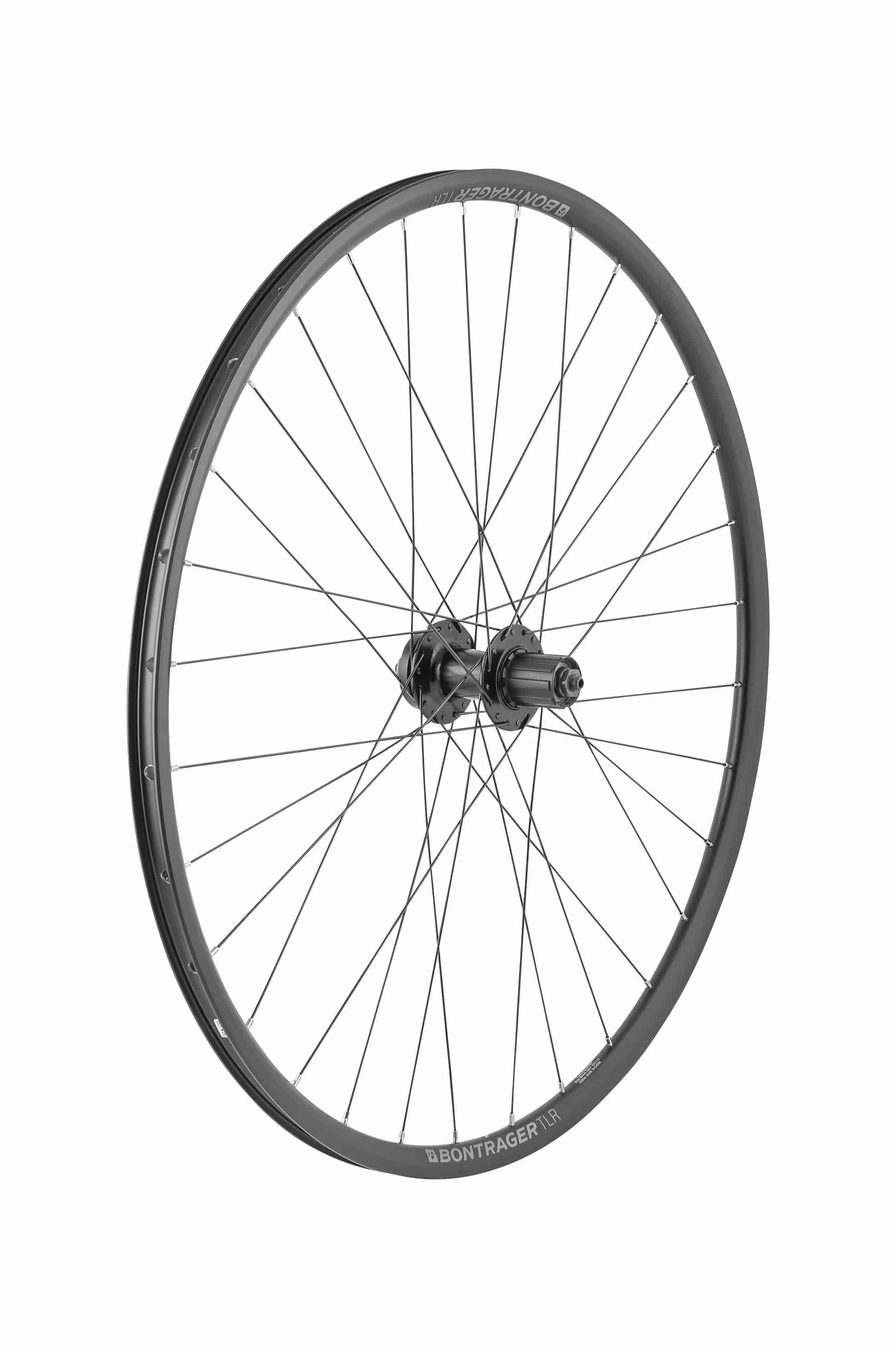 Black Bontrager TLR Disc QR Rear Wheel with Shimano HG 8/9/10-Speed, 32H, suitable for bike components.