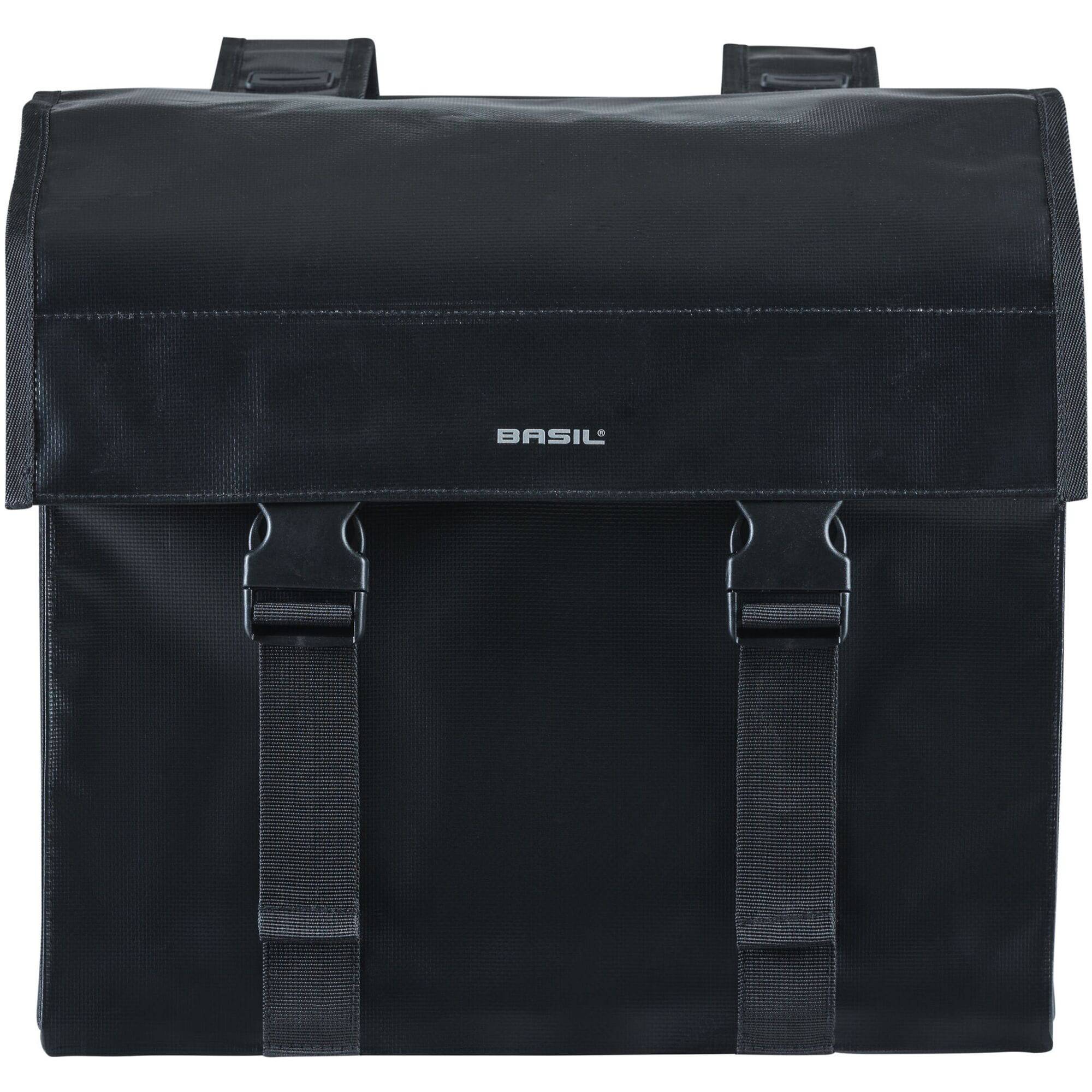 Black Basil Urban Load double bike bag with reflective details, 48-53L capacity, designed for bike accessories and commuting.