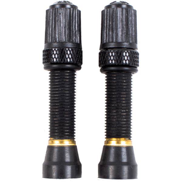 Pair of Nutrak bronze threaded Schrader tubeless valves for wider rims, bicycle component with durable metal construction.