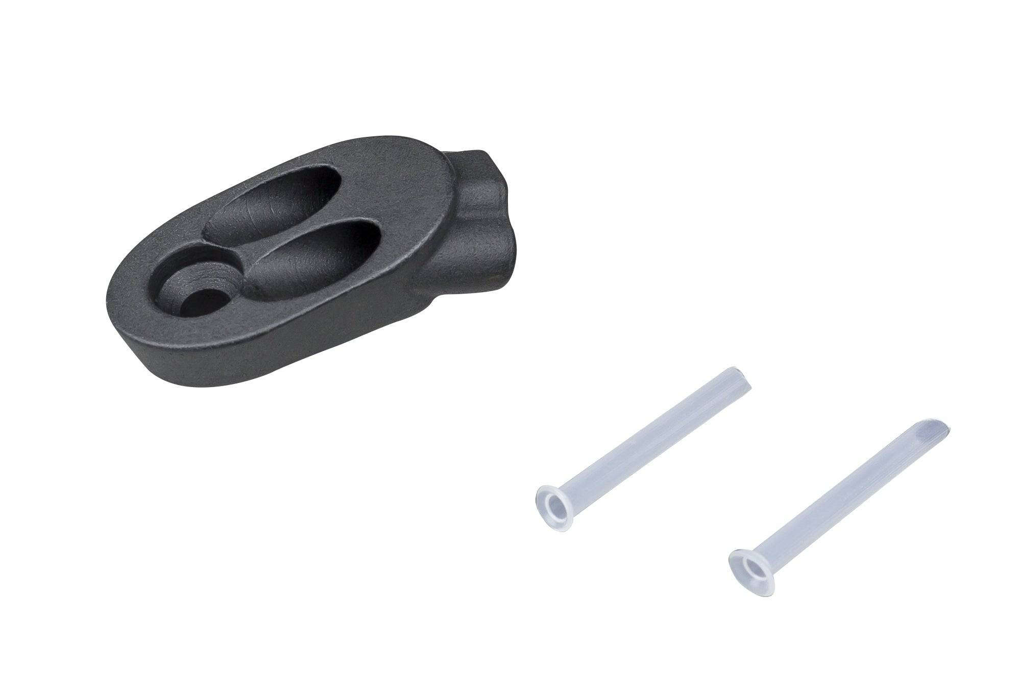 Black Trek Control Freak Downtube Dual 2X derailleur housing stop and cable guide for bike components.