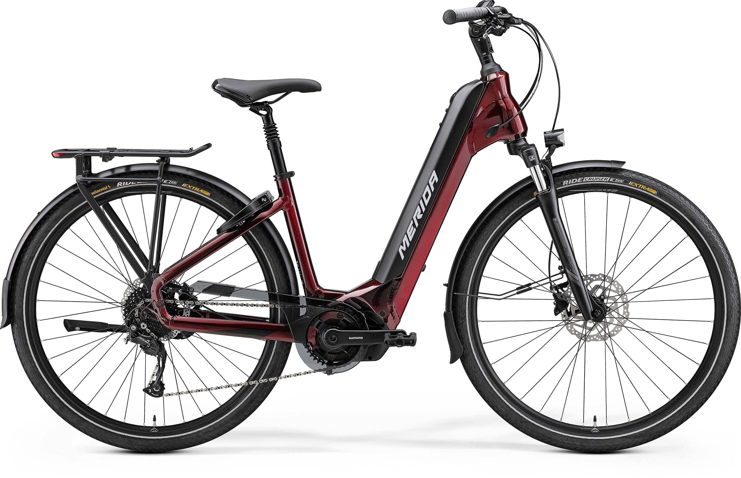 Merida eSpresso City 400 EQ electric hybrid bike with Shimano STEPS drive, integrated accessories, and sleek frame design.