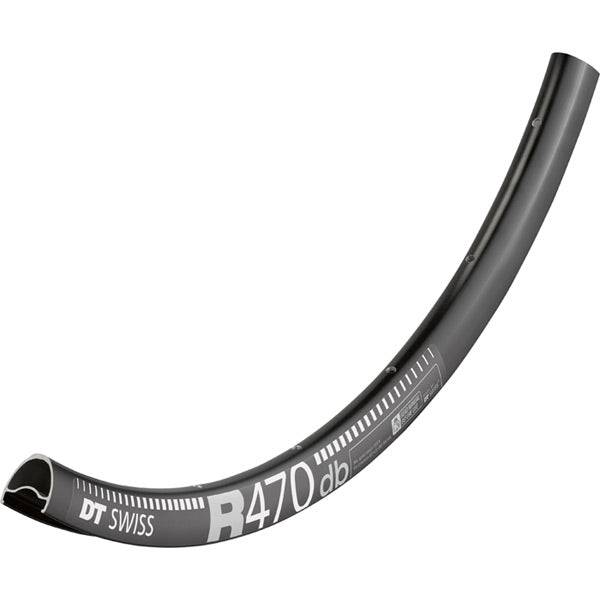 Black DT Swiss R 470 DB disc brake rim with Presta valve holes, tubeless compatible, designed for mountain bike components.