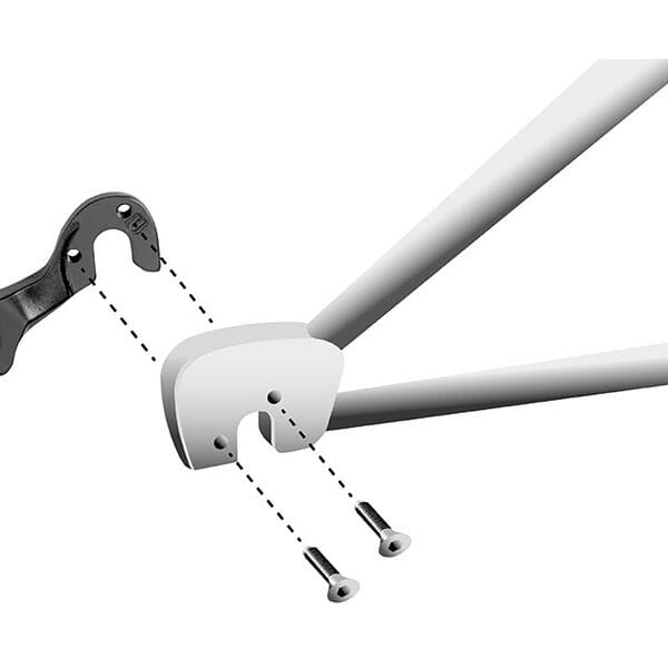 M Part gear hanger cube, durable bicycle frame protection component, shown in black with metal mounting points.