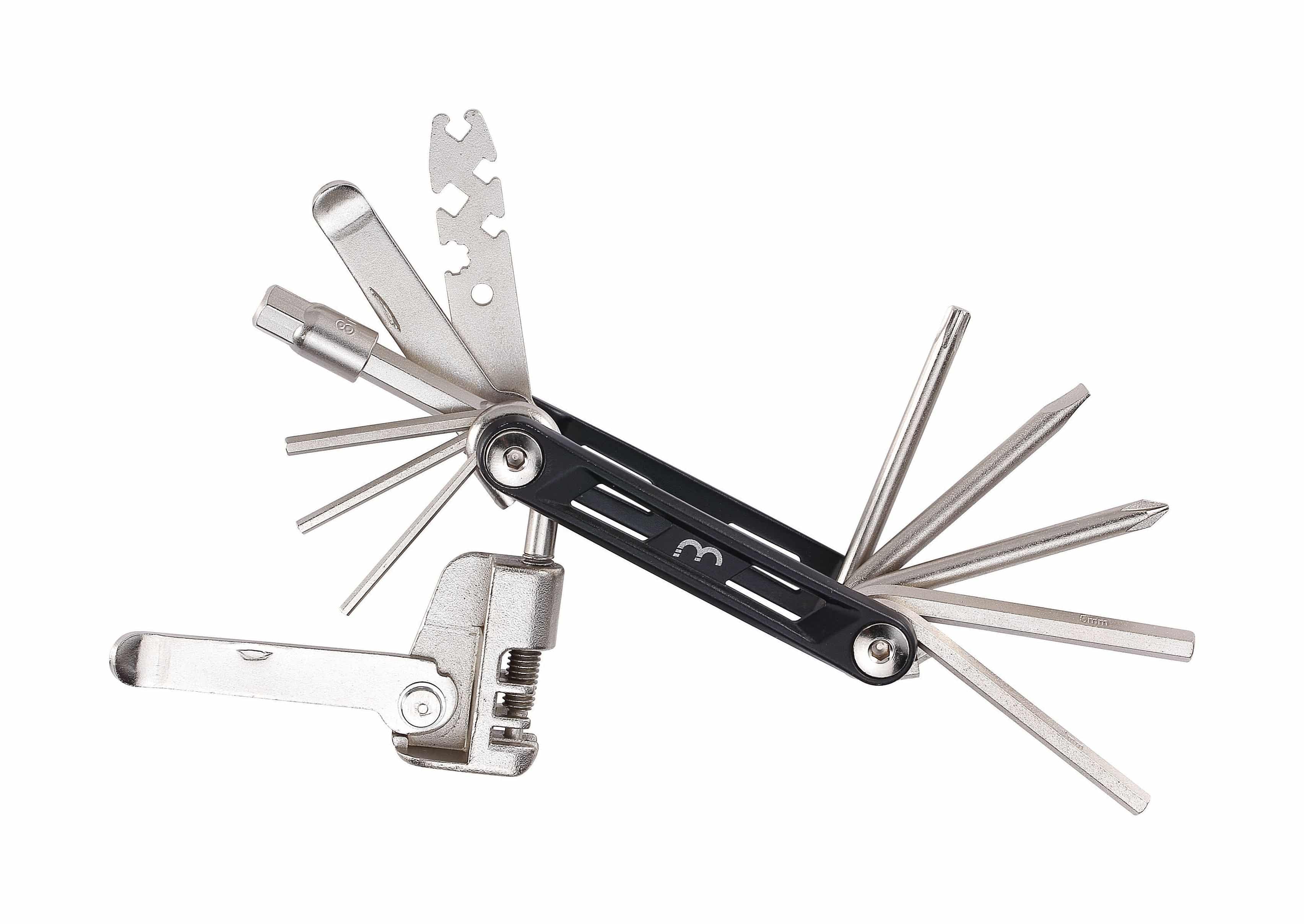 BBB BTL-141L Maxifold L Mini-Tool with 18 functions for bike repair, showing compact multi-tool with various screwdrivers and wrenches.