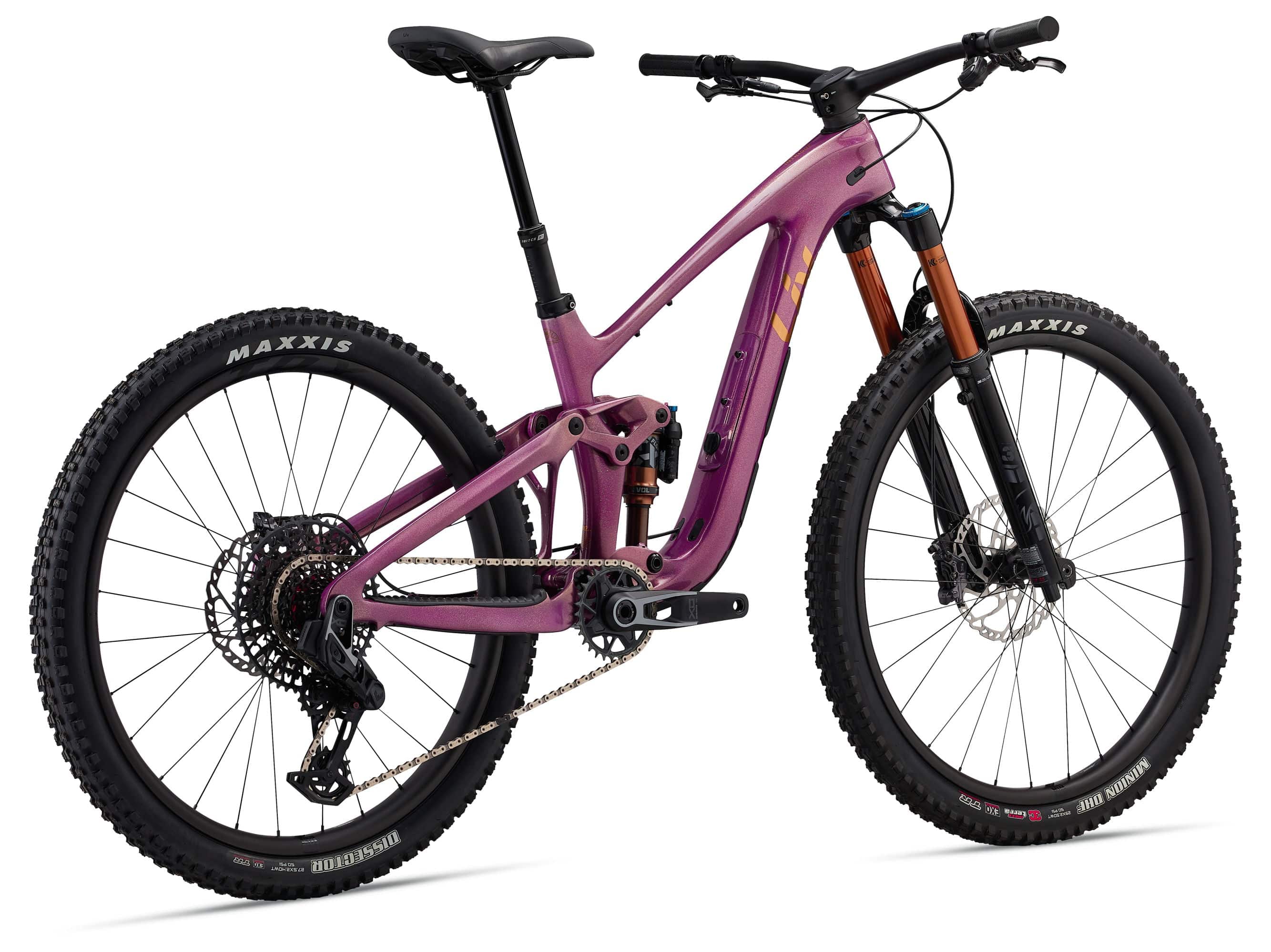 Liv Intrigue X Advanced 0 mountain bike with adjustable geometry and suspension system, featuring a sleek frame and off-road tires.
