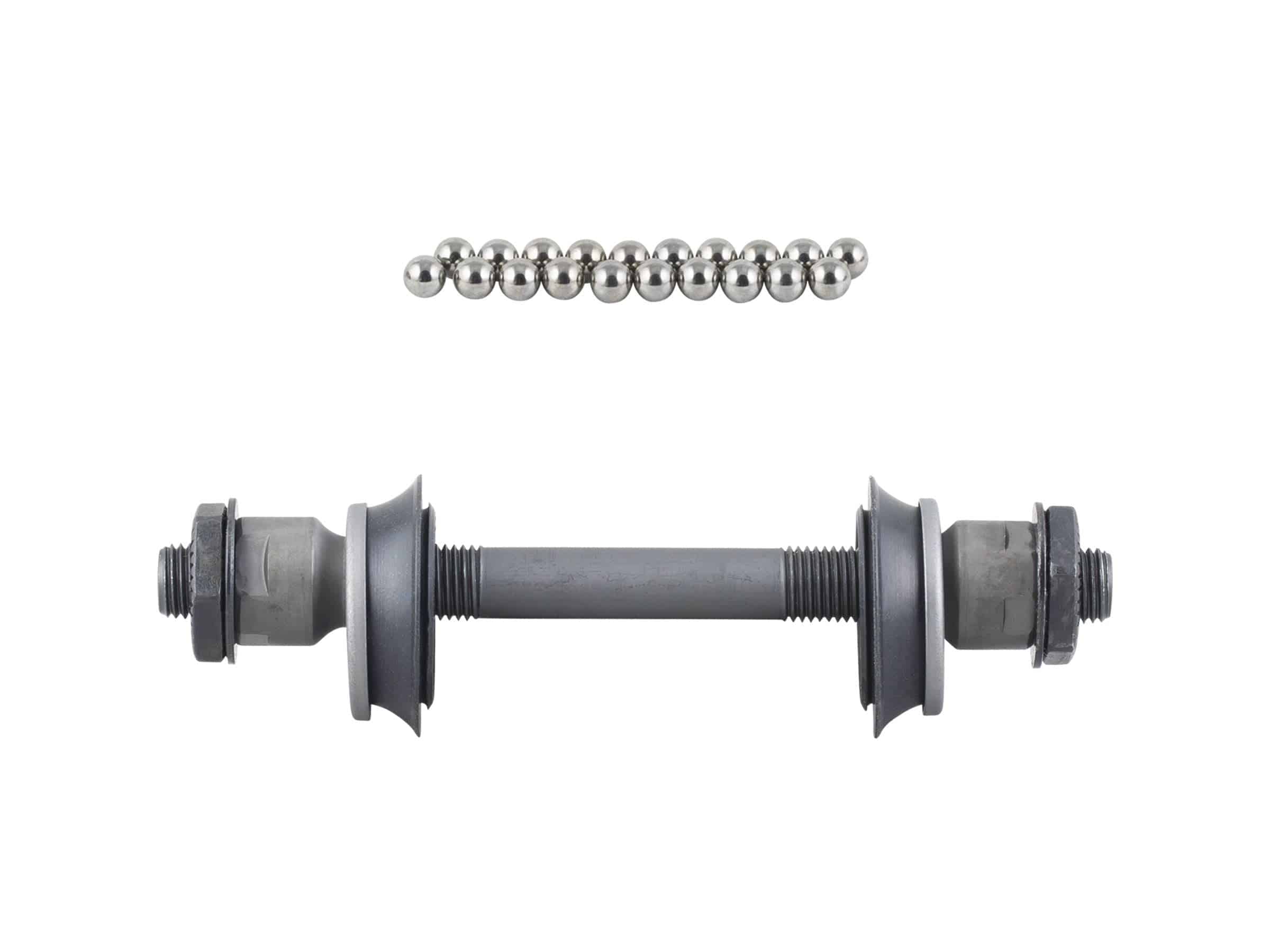Trek Bontrager front 6-bolt hub axle kit with 100mm old loose ball design in silver and black, component bike part.